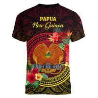 Papua New Guinea Women V Neck T Shirt Coat Of Arms Tropical Flowers Polynesian Pattern LT05 - Polynesian Pride