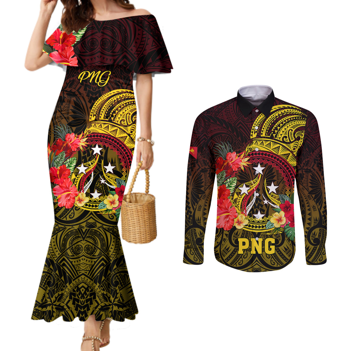 Personalized Papua New Guinea Couples Matching Mermaid Dress and Long Sleeve Button Shirts Coat Of Arms Tropical Flowers Polynesian Pattern LT05 Yellow - Polynesian Pride