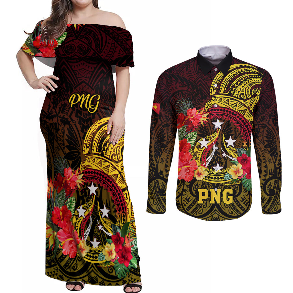 Personalized Papua New Guinea Couples Matching Off Shoulder Maxi Dress and Long Sleeve Button Shirts Coat Of Arms Tropical Flowers Polynesian Pattern LT05 Yellow - Polynesian Pride