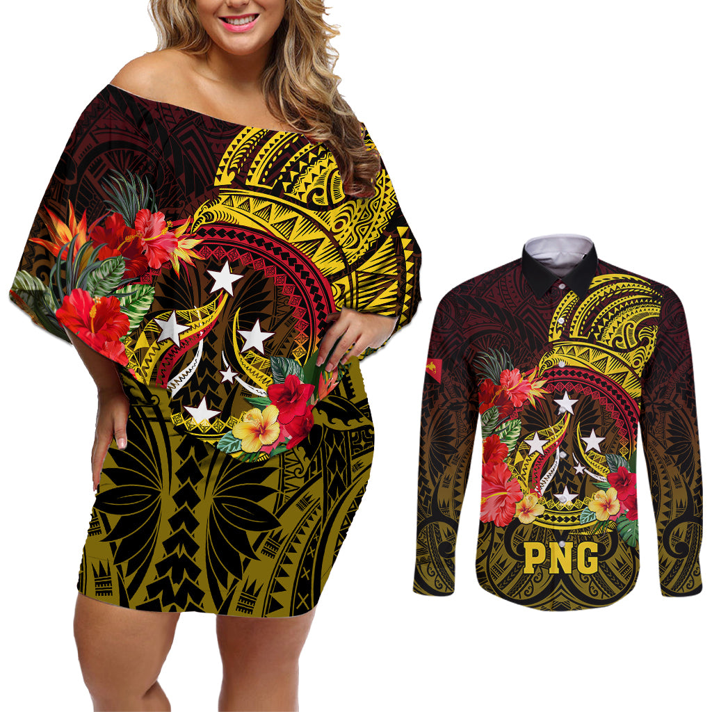 Personalized Papua New Guinea Couples Matching Off Shoulder Short Dress and Long Sleeve Button Shirts Coat Of Arms Tropical Flowers Polynesian Pattern LT05 Yellow - Polynesian Pride