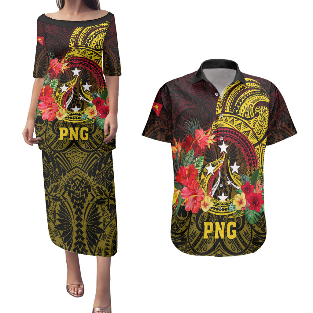 Personalized Papua New Guinea Couples Matching Puletasi Dress and Hawaiian Shirt Coat Of Arms Tropical Flowers Polynesian Pattern LT05 Yellow - Polynesian Pride