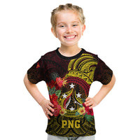 Personalized Papua New Guinea Kid T Shirt Coat Of Arms Tropical Flowers Polynesian Pattern LT05 Yellow - Polynesian Pride