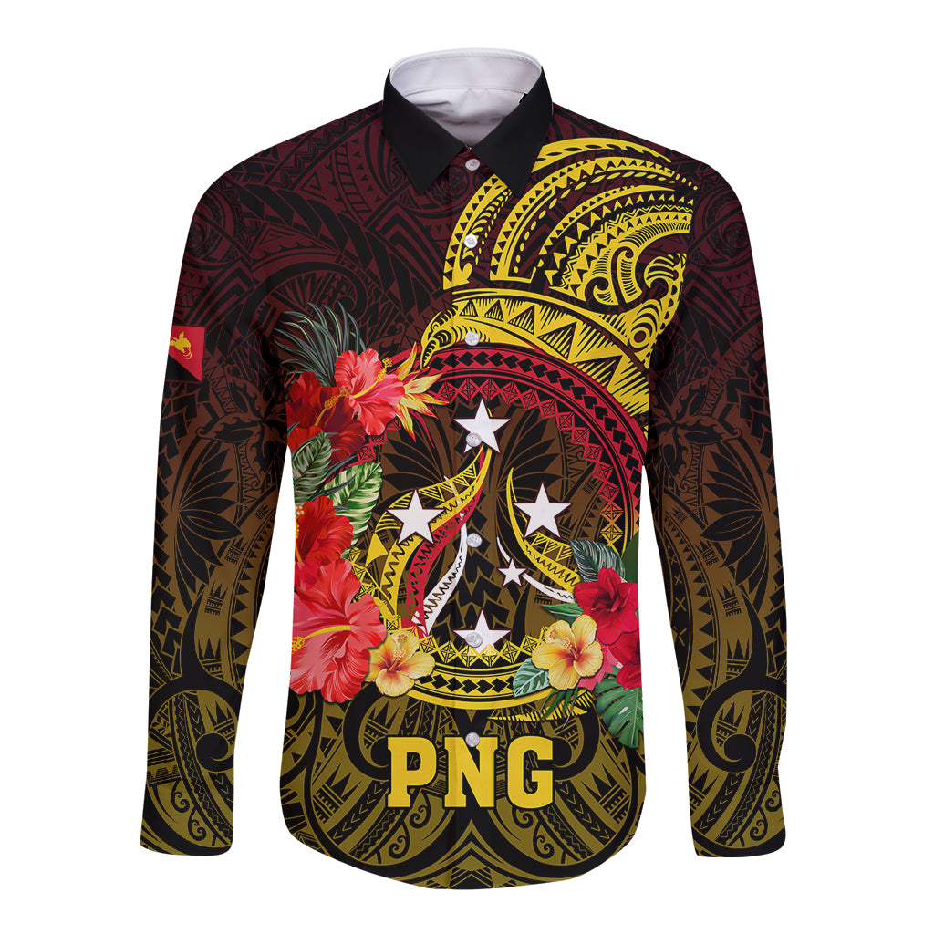 Personalized Papua New Guinea Long Sleeve Button Shirt Coat Of Arms Tropical Flowers Polynesian Pattern LT05 Unisex Yellow - Polynesian Pride