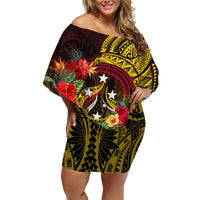 Personalized Papua New Guinea Off Shoulder Short Dress Coat Of Arms Tropical Flowers Polynesian Pattern LT05 Women Yellow - Polynesian Pride