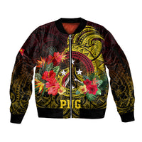 Personalized Papua New Guinea Sleeve Zip Bomber Jacket Coat Of Arms Tropical Flowers Polynesian Pattern LT05 Unisex Yellow - Polynesian Pride