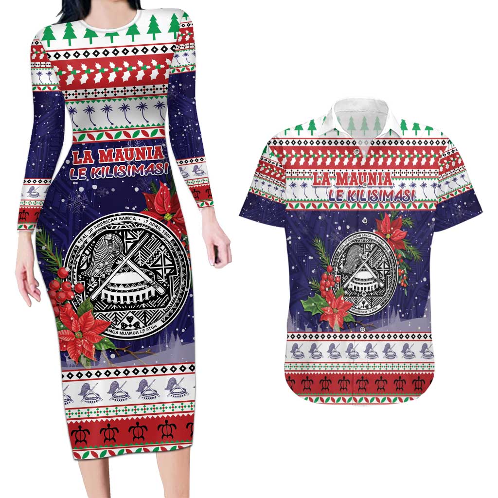 American Samoa Christmas Couples Matching Long Sleeve Bodycon Dress and Hawaiian Shirt Poinsettia La Maunia Le Kilisimasi