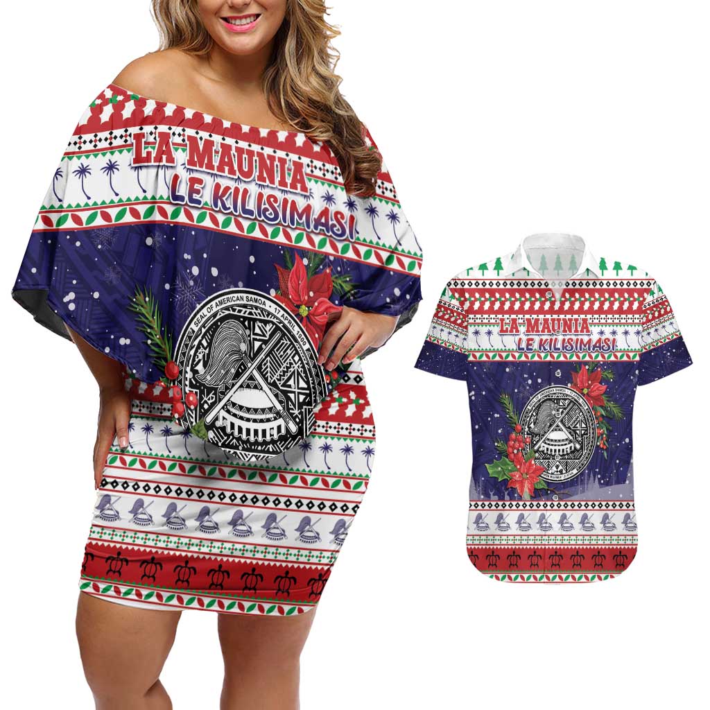 American Samoa Christmas Couples Matching Off Shoulder Short Dress and Hawaiian Shirt Poinsettia La Maunia Le Kilisimasi