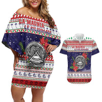 American Samoa Christmas Couples Matching Off Shoulder Short Dress and Hawaiian Shirt Poinsettia La Maunia Le Kilisimasi