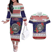 American Samoa Christmas Couples Matching Off The Shoulder Long Sleeve Dress and Hawaiian Shirt Poinsettia La Maunia Le Kilisimasi
