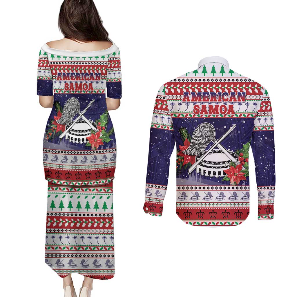 American Samoa Christmas Couples Matching Puletasi and Long Sleeve Button Shirt Poinsettia La Maunia Le Kilisimasi
