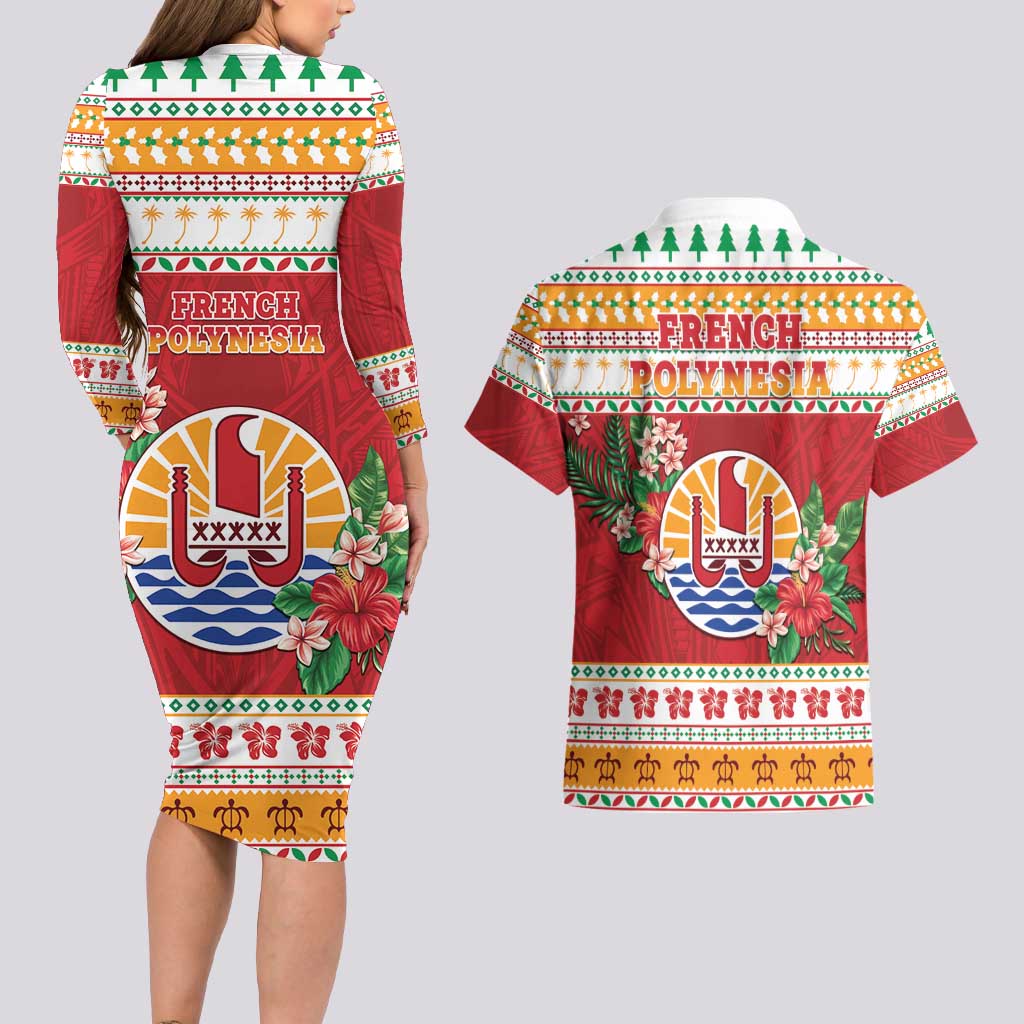 French Polynesia Christmas Couples Matching Long Sleeve Bodycon Dress and Hawaiian Shirt Coat Of Arms Merry Xmas
