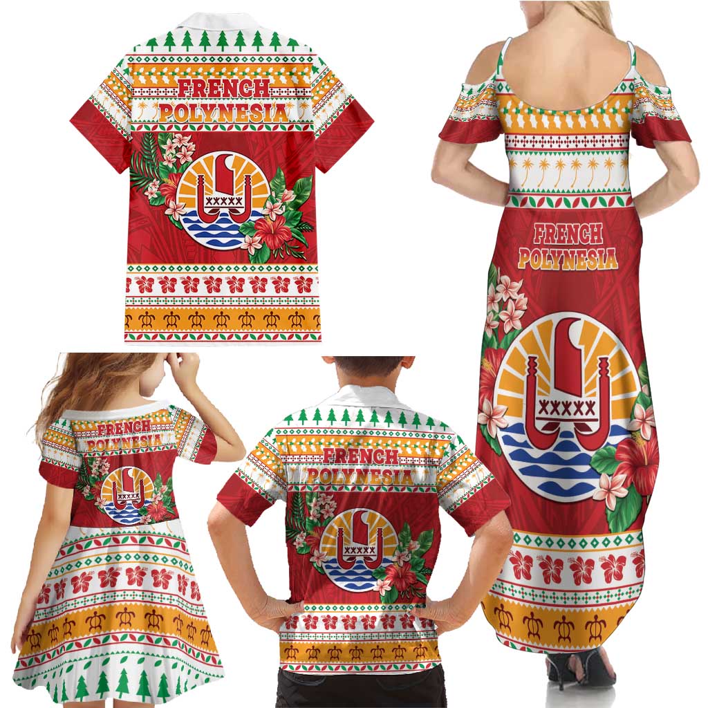 French Polynesia Christmas Family Matching Summer Maxi Dress and Hawaiian Shirt Coat Of Arms Merry Xmas
