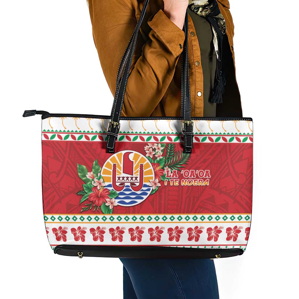 French Polynesia Christmas Leather Tote Bag Coat Of Arms Merry Xmas