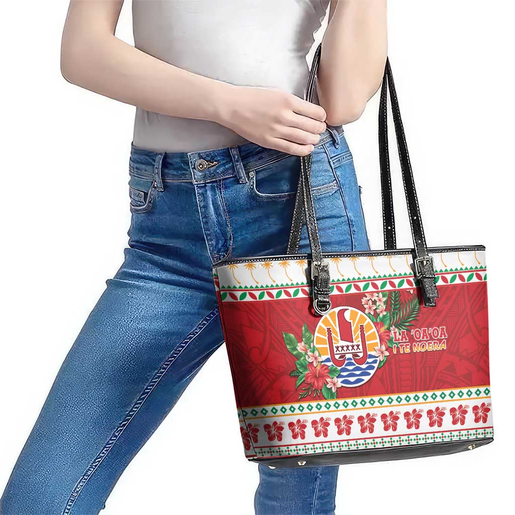 French Polynesia Christmas Leather Tote Bag Coat Of Arms Merry Xmas