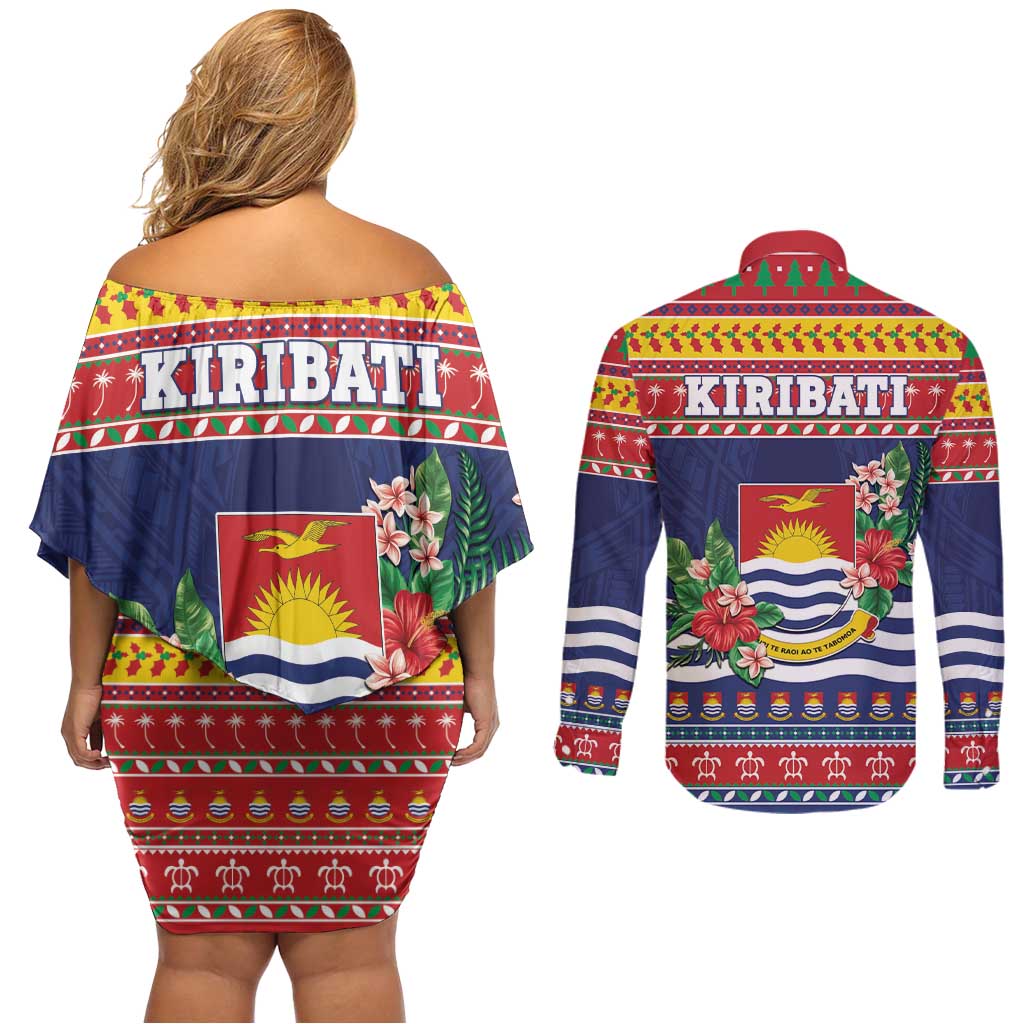 Kiribati Christmas Couples Matching Off Shoulder Short Dress and Long Sleeve Button Shirt Coat Of Arms Tekeraoi Te Kiritimati