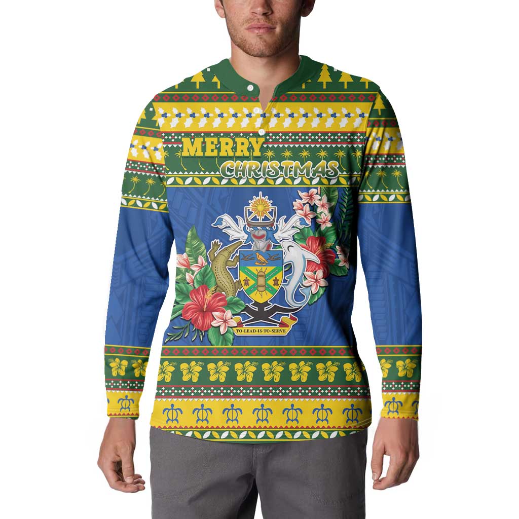 Solomon Islands Christmas Button Sweatshirt Coat Of Arms Merry Xmas