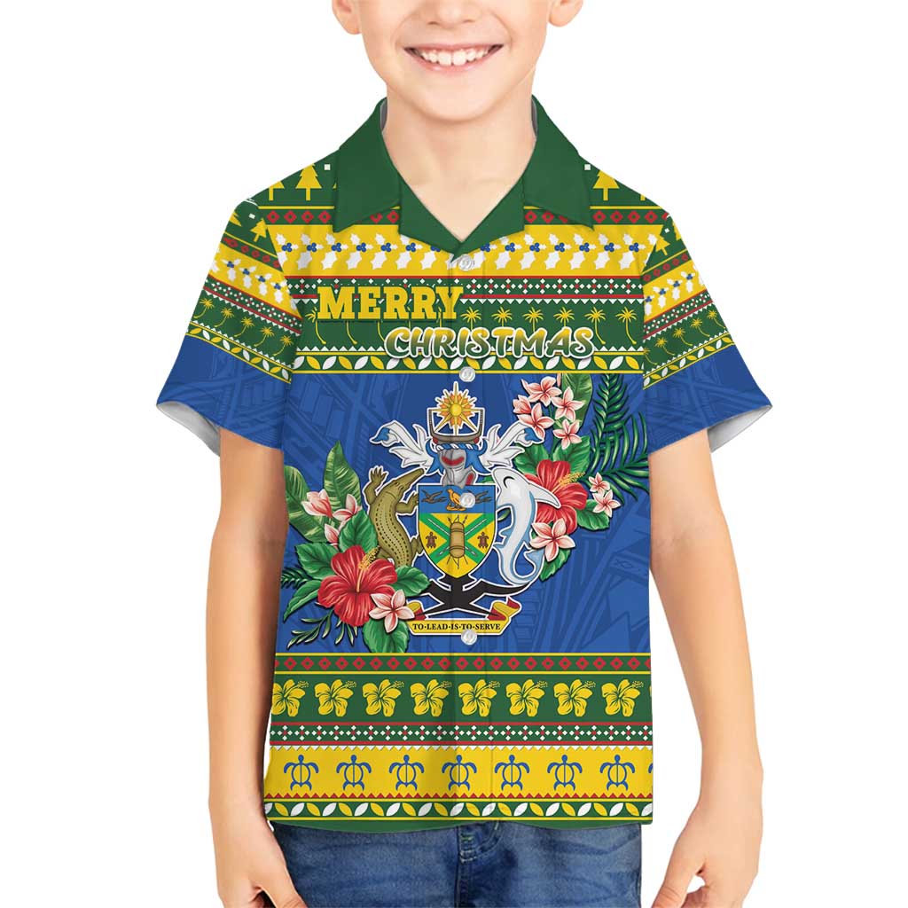 Solomon Islands Christmas Family Matching Off Shoulder Short Dress and Hawaiian Shirt Coat Of Arms Merry Xmas