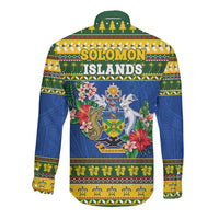 Solomon Islands Christmas Long Sleeve Button Shirt Coat Of Arms Merry Xmas