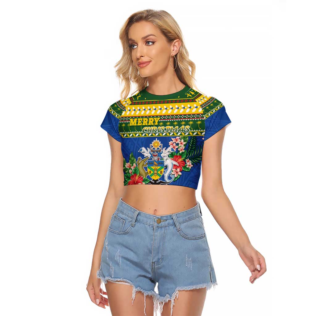 Solomon Islands Christmas Raglan Cropped T Shirt Coat Of Arms Merry Xmas LT05 Female Green - Polynesian Pride
