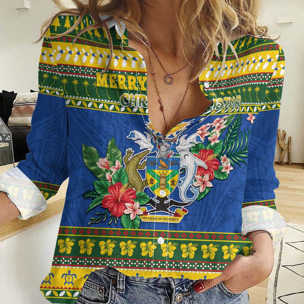Solomon Islands Christmas Women Casual Shirt Coat Of Arms Merry Xmas