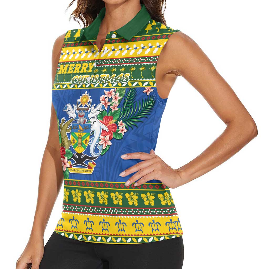 Solomon Islands Christmas Women Sleeveless Polo Shirt Coat Of Arms Merry Xmas
