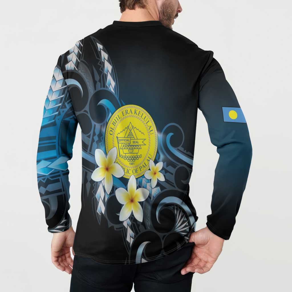 Palau United Nations Day Button Sweatshirt Polynesian Curves Plumeria - Polynesian Pride