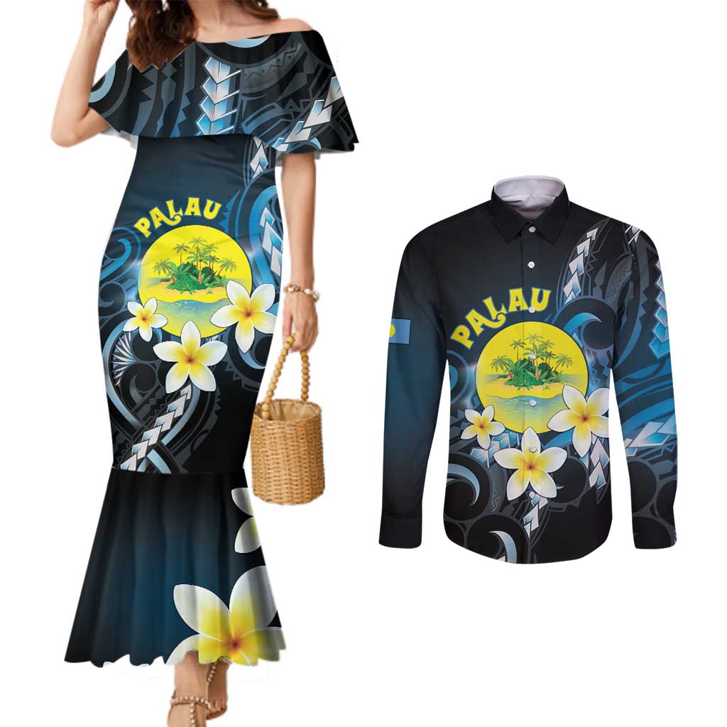 Palau United Nations Day Couples Matching Mermaid Dress and Long Sleeve Button Shirt Polynesian Curves Plumeria - Polynesian Pride