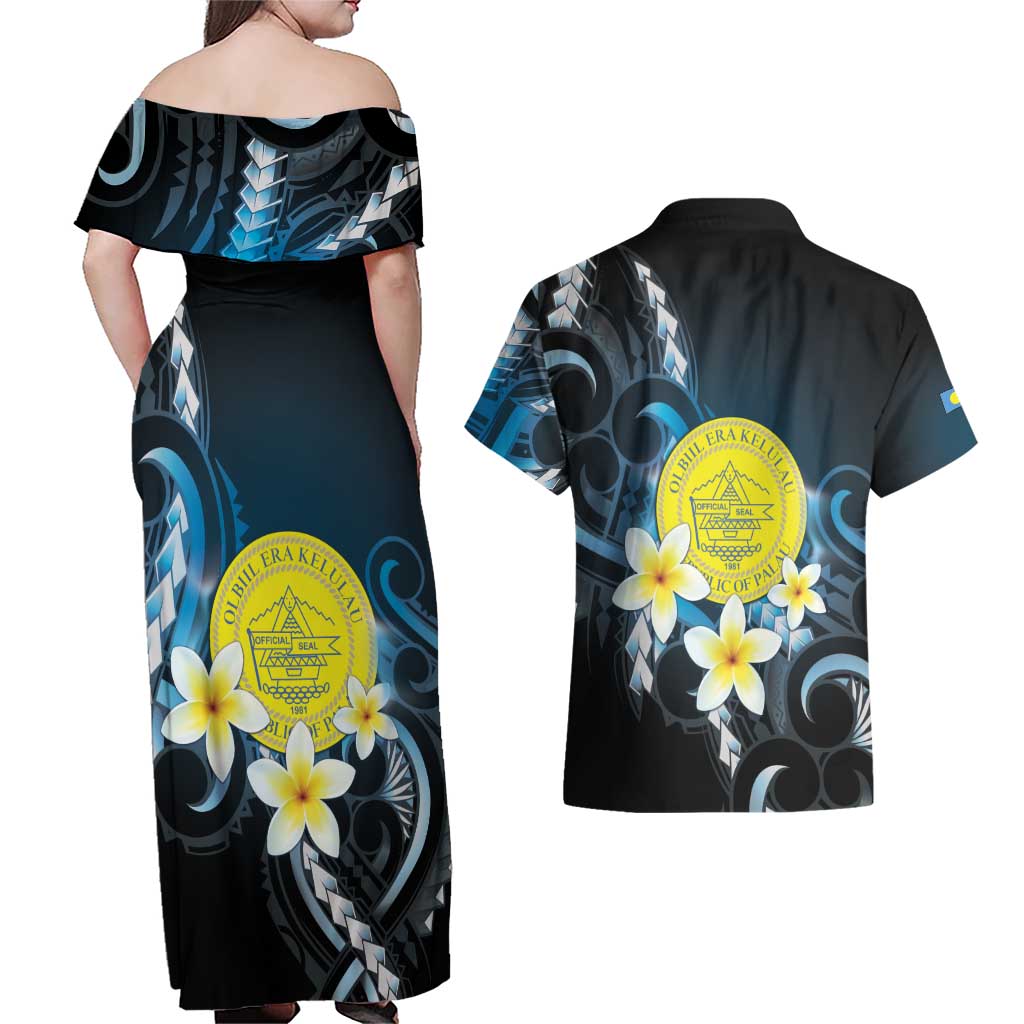 Palau United Nations Day Couples Matching Off Shoulder Maxi Dress and Hawaiian Shirt Polynesian Curves Plumeria - Polynesian Pride