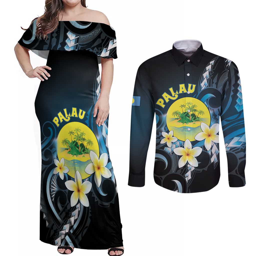 Palau United Nations Day Couples Matching Off Shoulder Maxi Dress and Long Sleeve Button Shirt Polynesian Curves Plumeria - Polynesian Pride