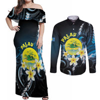 Palau United Nations Day Couples Matching Off Shoulder Maxi Dress and Long Sleeve Button Shirt Polynesian Curves Plumeria - Polynesian Pride