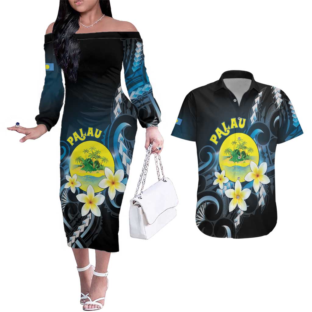 Palau United Nations Day Couples Matching Off The Shoulder Long Sleeve Dress and Hawaiian Shirt Polynesian Curves Plumeria - Polynesian Pride