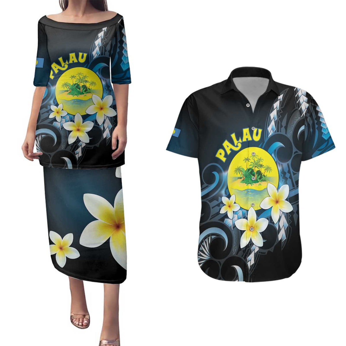 Palau United Nations Day Couples Matching Puletasi and Hawaiian Shirt Polynesian Curves Plumeria - Polynesian Pride