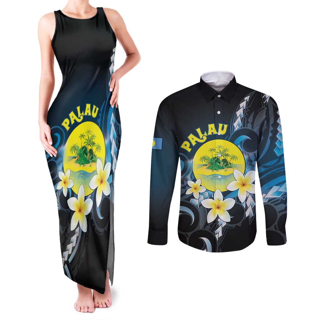 Palau United Nations Day Couples Matching Tank Maxi Dress and Long Sleeve Button Shirt Polynesian Curves Plumeria - Polynesian Pride