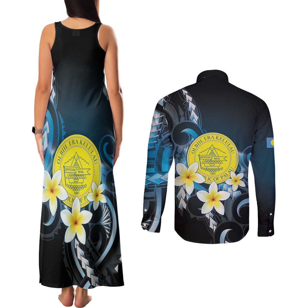 Palau United Nations Day Couples Matching Tank Maxi Dress and Long Sleeve Button Shirt Polynesian Curves Plumeria - Polynesian Pride