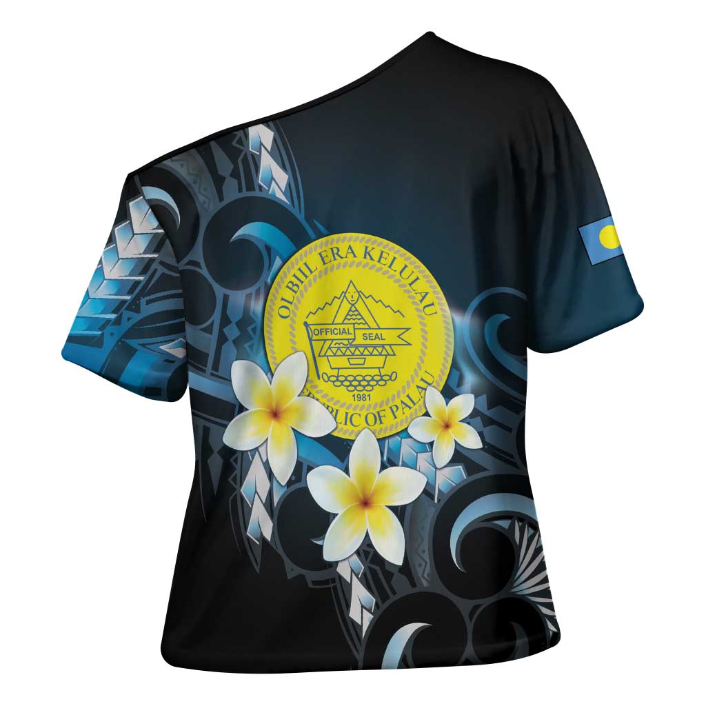 Palau United Nations Day Cross Shoulder Shirt Polynesian Curves Plumeria - Polynesian Pride