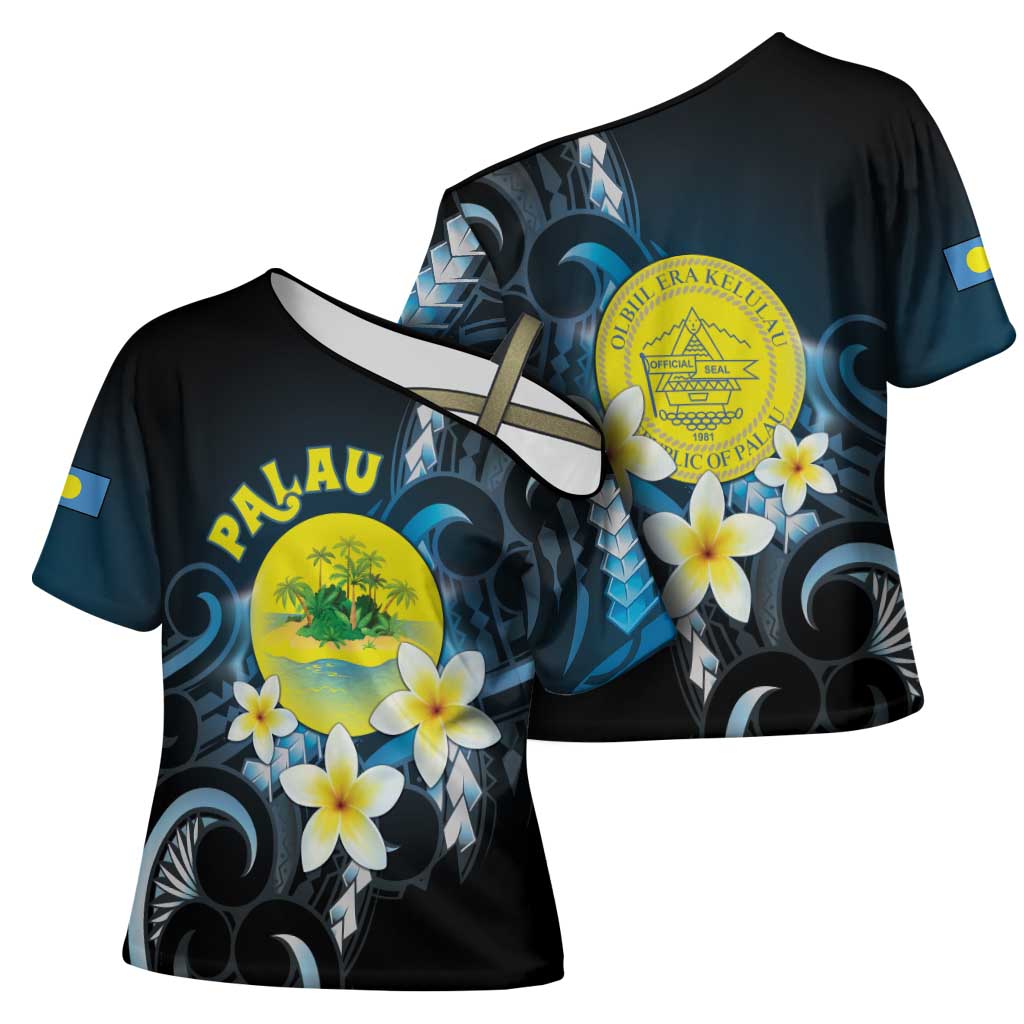 Palau United Nations Day Cross Shoulder Shirt Polynesian Curves Plumeria - Polynesian Pride