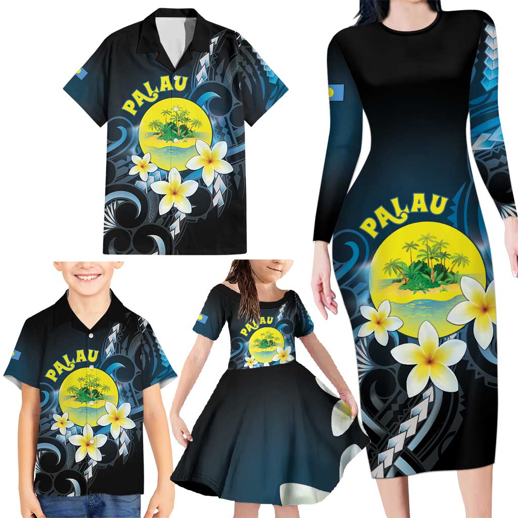 Palau United Nations Day Family Matching Long Sleeve Bodycon Dress and Hawaiian Shirt Polynesian Curves Plumeria - Polynesian Pride