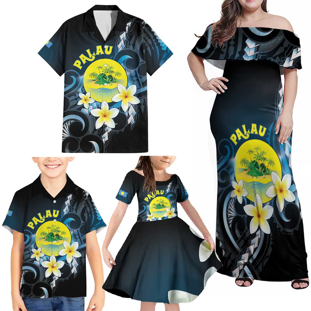 Palau United Nations Day Family Matching Off Shoulder Maxi Dress and Hawaiian Shirt Polynesian Curves Plumeria - Polynesian Pride