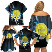 Palau United Nations Day Family Matching Off Shoulder Short Dress and Hawaiian Shirt Polynesian Curves Plumeria - Polynesian Pride