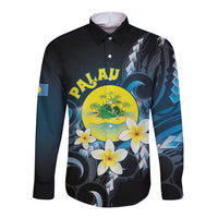 Palau United Nations Day Long Sleeve Button Shirt Polynesian Curves Plumeria - Polynesian Pride