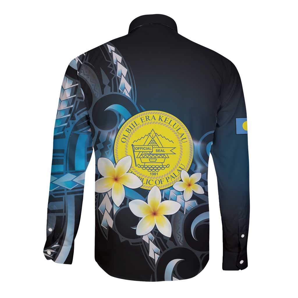 Palau United Nations Day Long Sleeve Button Shirt Polynesian Curves Plumeria - Polynesian Pride