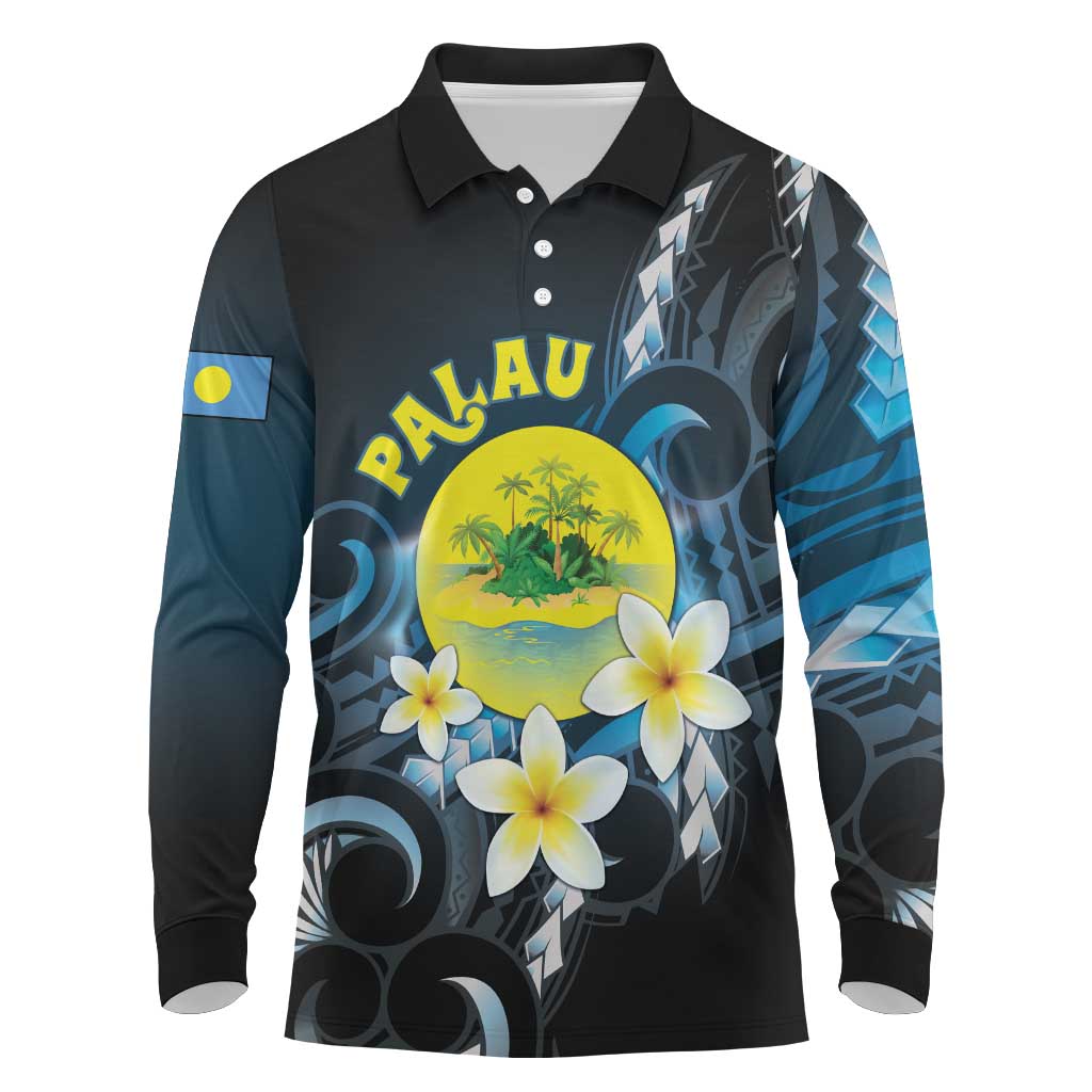 Palau United Nations Day Long Sleeve Polo Shirt Polynesian Curves Plumeria - Polynesian Pride
