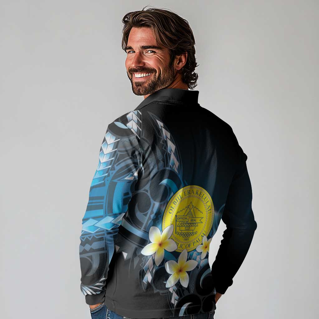 Palau United Nations Day Long Sleeve Polo Shirt Polynesian Curves Plumeria - Polynesian Pride