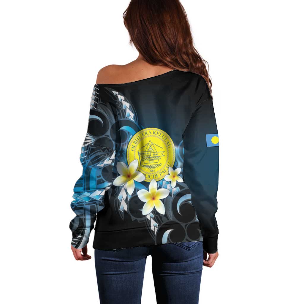 Palau United Nations Day Off Shoulder Sweater Polynesian Curves Plumeria - Polynesian Pride