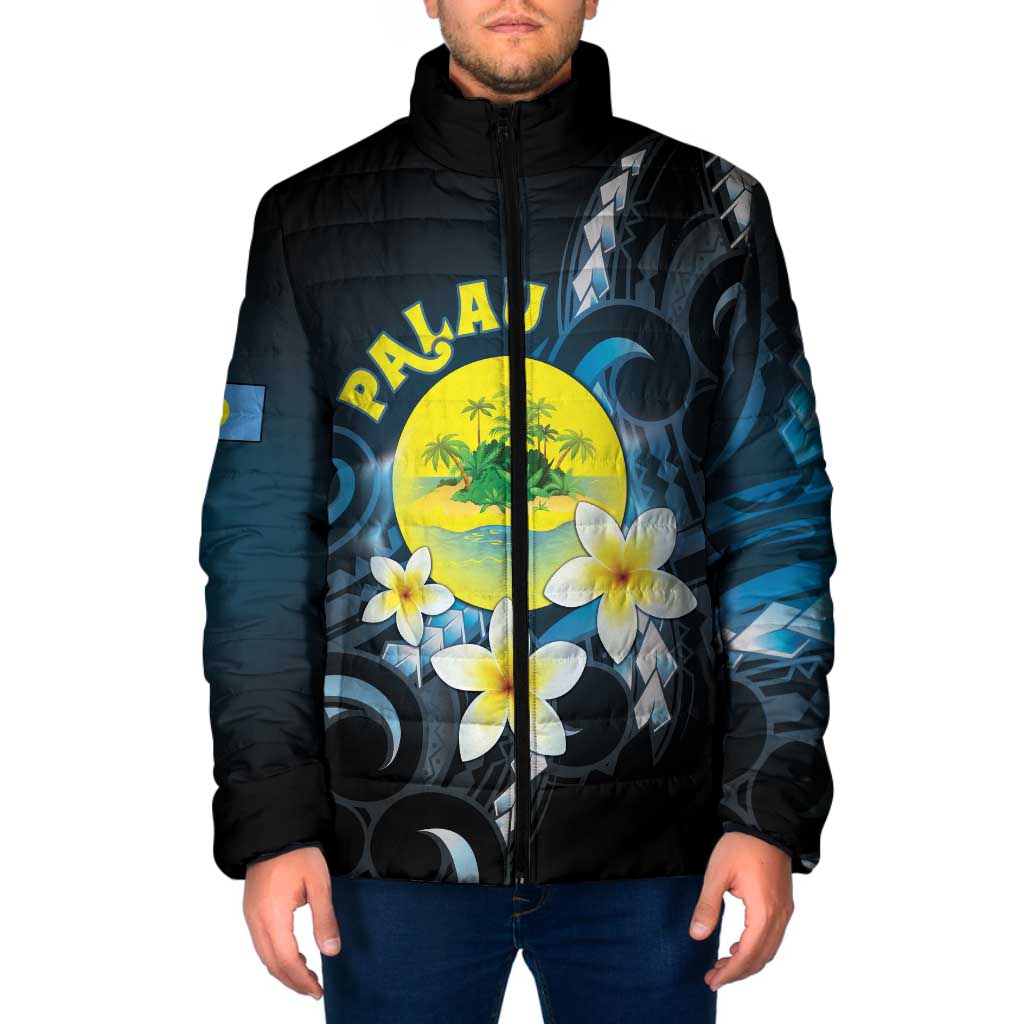 Palau United Nations Day Padded Jacket Polynesian Curves Plumeria - Polynesian Pride