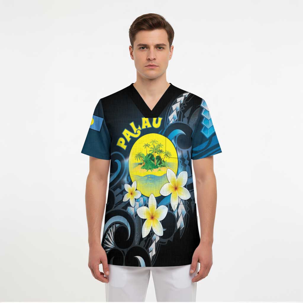 Palau United Nations Day Scrub Top Polynesian Curves Plumeria - Polynesian Pride