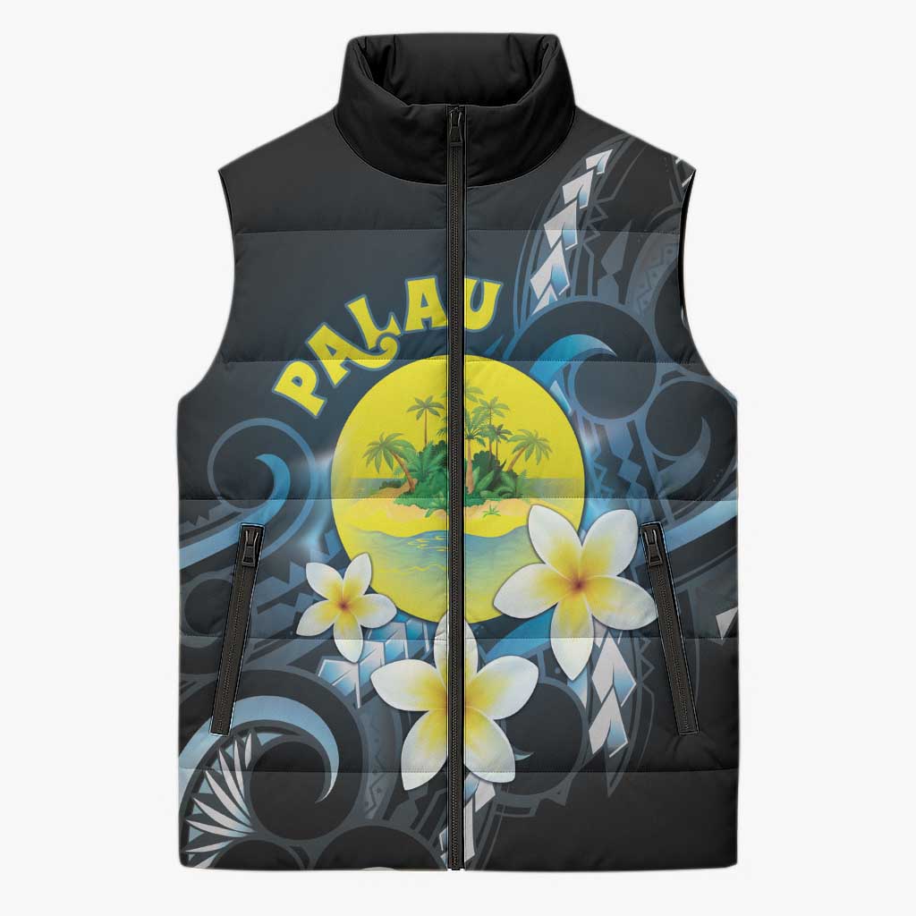 Palau United Nations Day Sleeveless Puffer Jacket Polynesian Curves Plumeria - Polynesian Pride