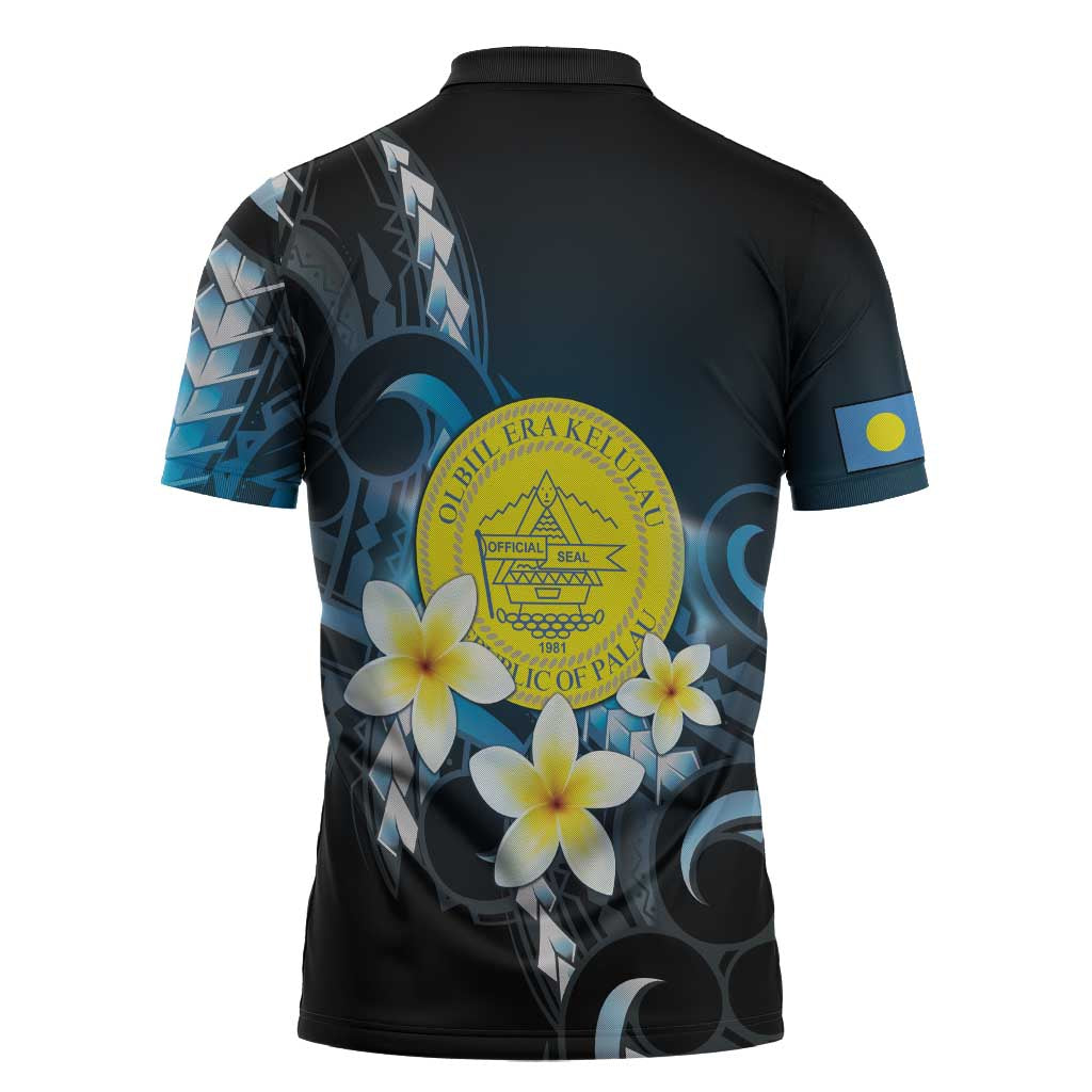 Palau United Nations Day Zipper Polo Shirt Polynesian Curves Plumeria - Polynesian Pride