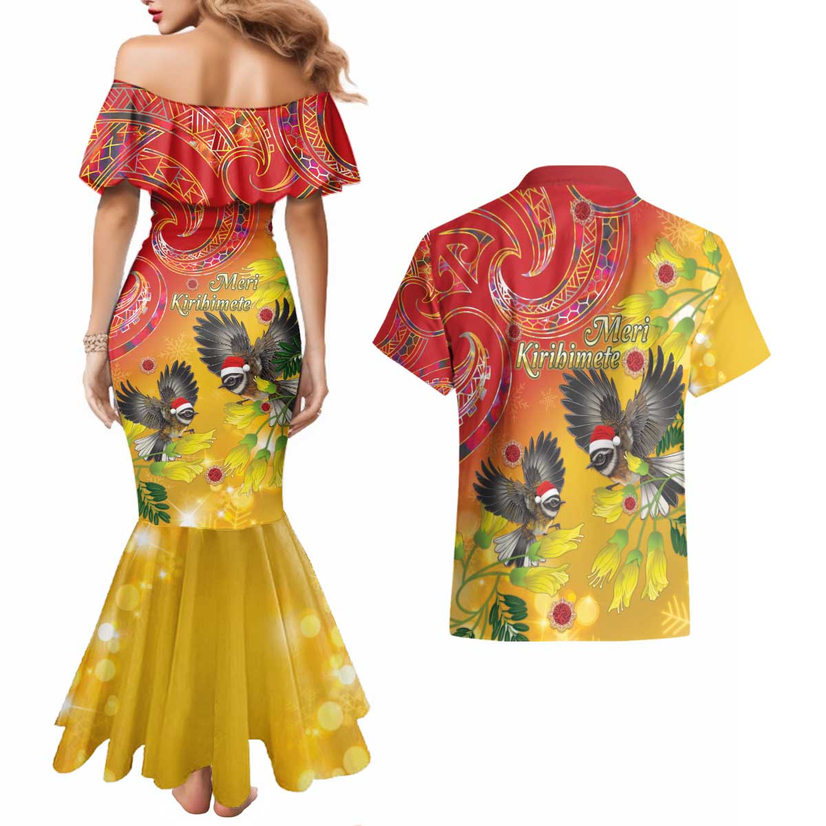 New Zealand Piwakawaka Christmas Couples Matching Mermaid Dress and Hawaiian Shirt With Maori Pattern