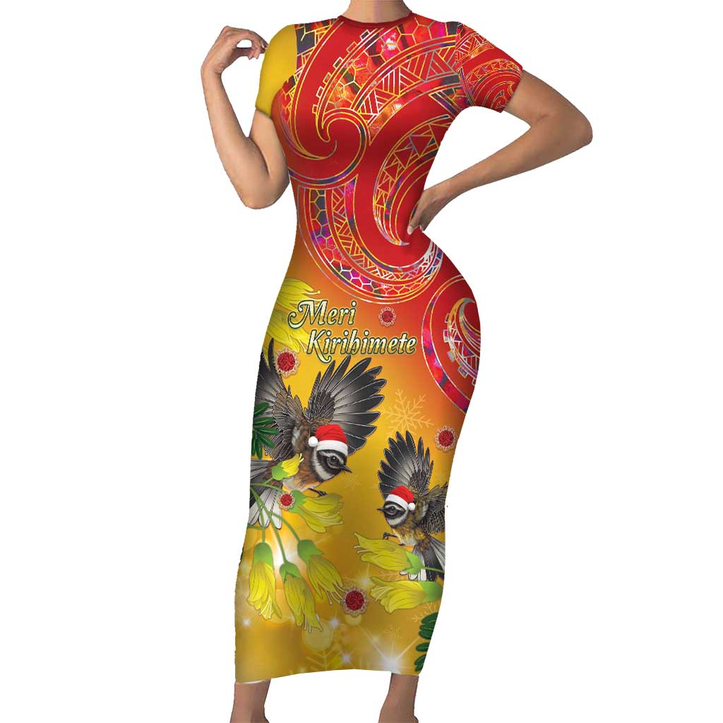 New Zealand Piwakawaka Christmas Family Matching Short Sleeve Bodycon Dress and Hawaiian Shirt With Maori Pattern
